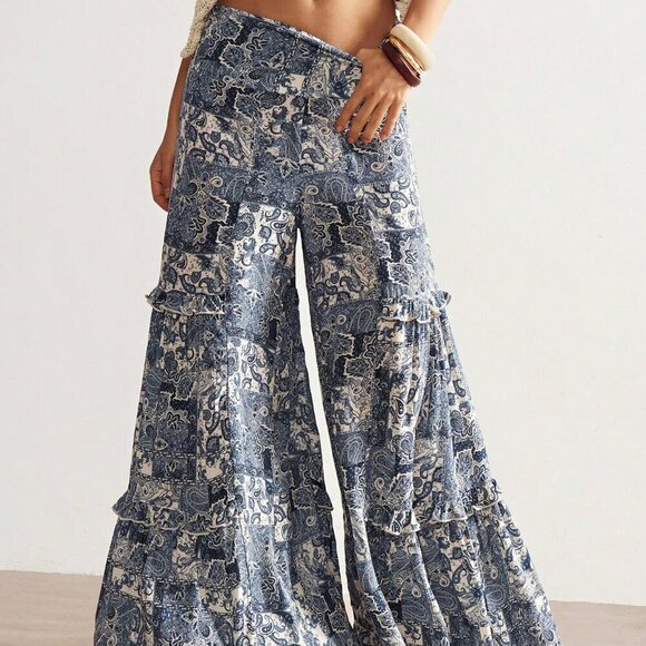 Blue Boho Women's Paisley Print Ruffled Wide Leg Pants - Picture 2 of 7